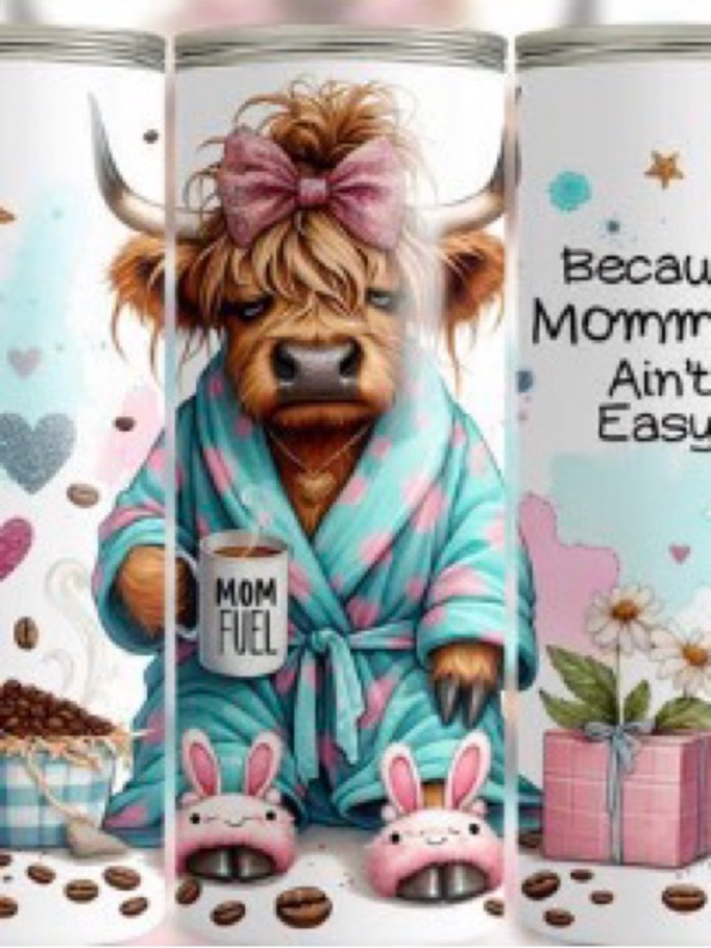 Cute Highland Cow 'Mom Fuel' Travel Skinny Tumbler - Pink Bow & Aqua Robe